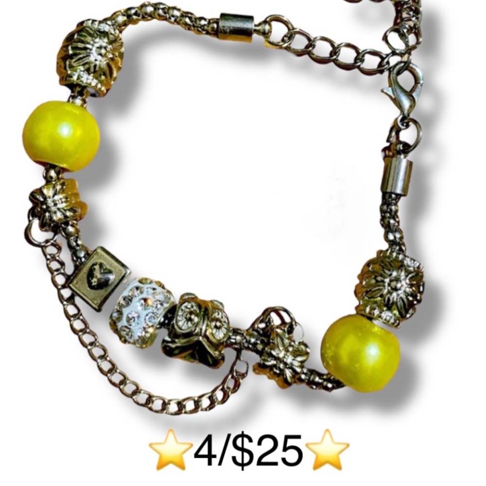 Owl & Butterfly Yellow Silver Tone Alloy Charm Bracelet, New